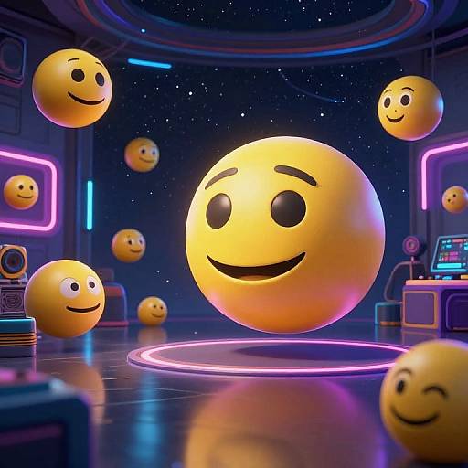 Digital CGI image of glowing yellow smiley faces floating in a neon-lit sci-fi room with a starry background and futuristic equipment.