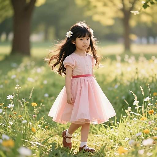 Photograph of a young Asian girl with long black hair, wearing a pink dress and white flower hairpin, walking in a sunlit meadow with