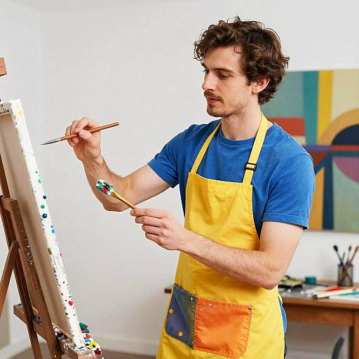 Photograph of a young, curly-haired artist in a blue shirt and yellow apron, painting on an easel in a brightly lit studio.