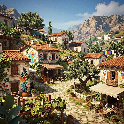 Vibrant Mediterranean village scene with colorful murals, terracotta roofs, potted plants, outdoor cafe, and mountainous backdrop under a clear
