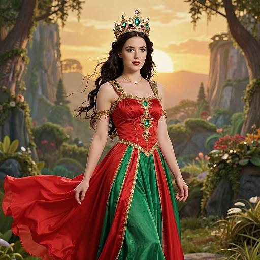 Digital art of a fair-skinned woman with long black hair, wearing a red and green regal gown, gold trim, and crown, standing in