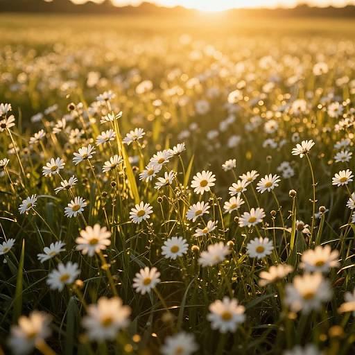 Photograph of a sunlit field of white daisies with golden sunlight casting warm hues, creating a serene, glowing effect.