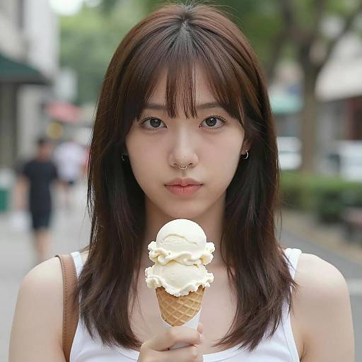 Asian Woman Enjoying Ice Cream Outdoors