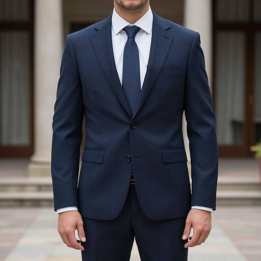 Photograph of a man in a dark navy suit with a white shirt and black tie, standing in front of a blurred building entrance.