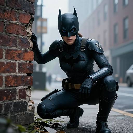Photograph of a female Batman in black armored suit with bat ears, crouching by a broken brick wall in a foggy urban alley.