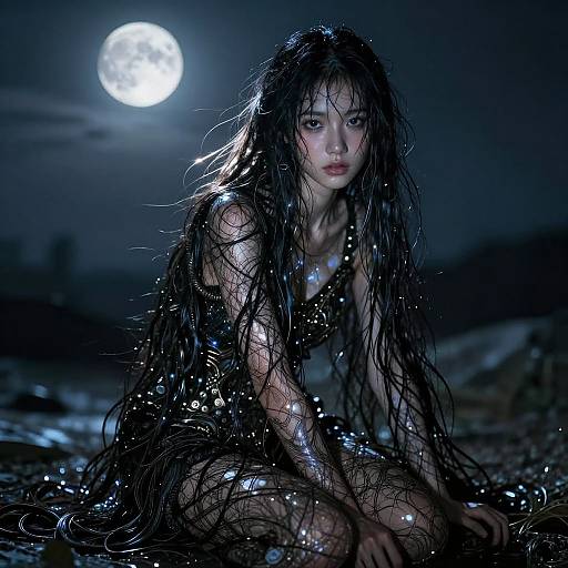 Photorealistic digital art of a wet, dark-haired woman with glowing beads, kneeling under a full moon, illuminated by its light.