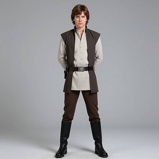 Photograph of a young man with dark brown hair, wearing a black vest over a white shirt, black pants, and boots, standing against a plain