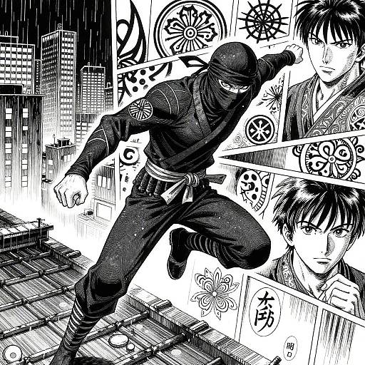 Black and white manga-style drawing of a ninja in a crouched fighting pose, cityscape background with graffiti, and multiple ninja faces.