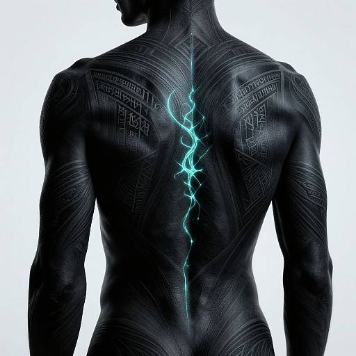 Digital artwork of a muscular, black-skinned male figure with glowing blue lightning running down his back, intricate tattoo patterns on shoulders.