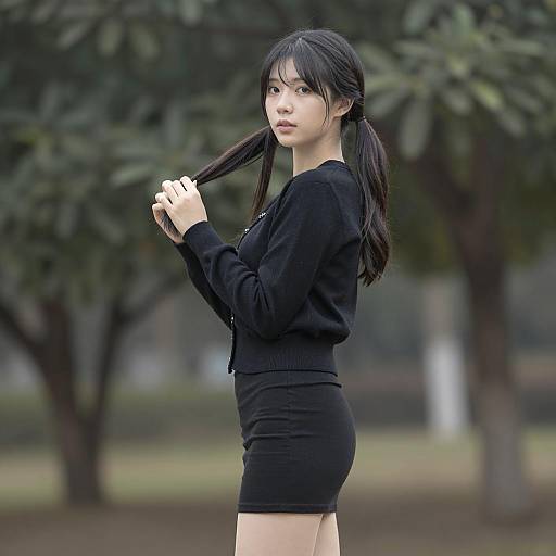 Asian Woman Outdoors with Pigtails