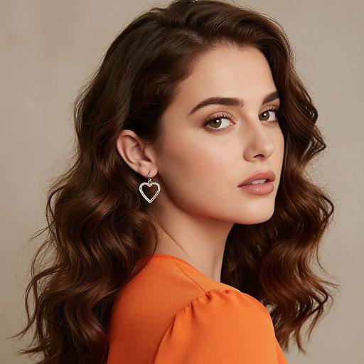 Photograph of a young woman with wavy brown hair, wearing an orange top and heart-shaped earrings, looking over her shoulder.