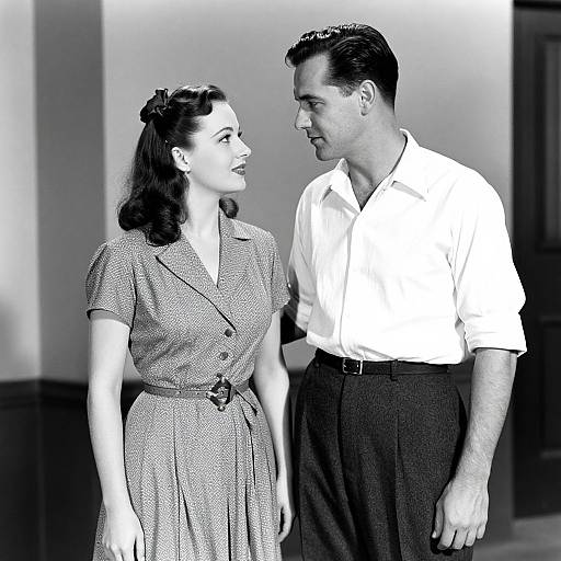 Black-and-white photograph of a smiling 1940s couple; woman in polka dot dress, man in white shirt and dark pants, standing close