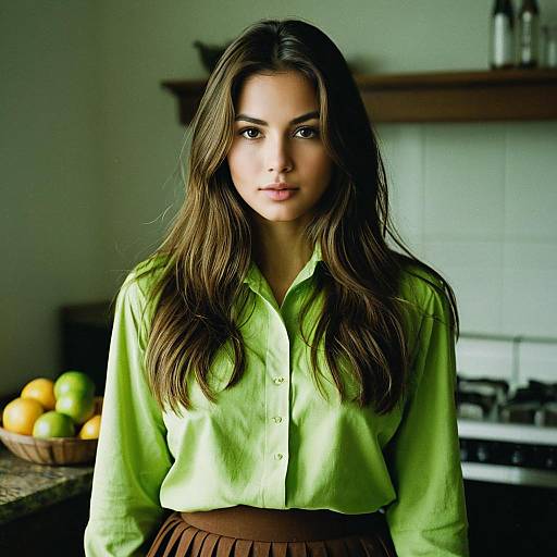 Woman in Lime Green Shirt Standing Indoors