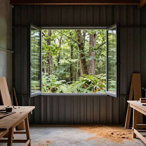 Photograph of a sunlit forest view through an open, black-framed window in a dark, modern room with wooden benches.