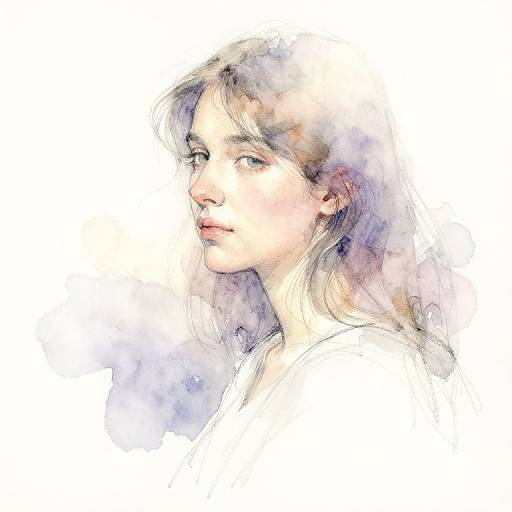 Watercolor portrait of a young woman with long, wavy blonde hair, fair skin, and soft blue eyes, looking to the right. Background is