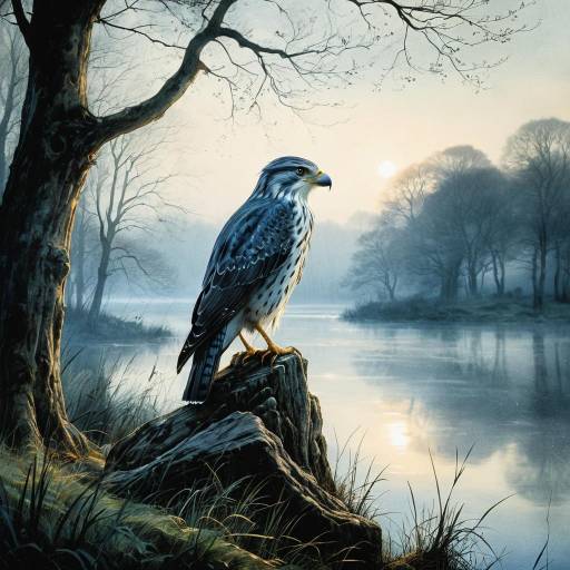 Watercolor Merlin Falcon in Misty Forest