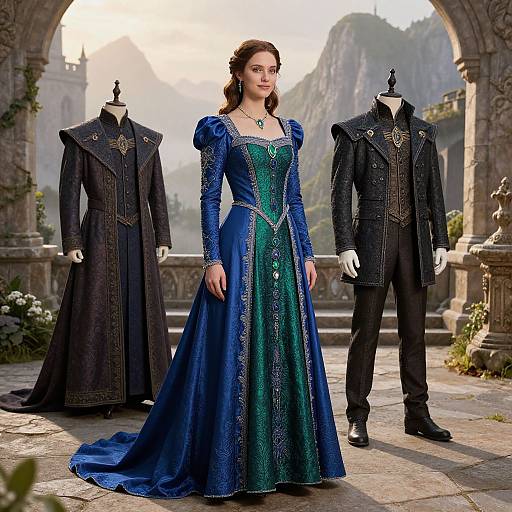 Photograph of a fair-skinned woman in a blue, medieval-style gown with puffed sleeves, standing between two headless, black, ornate