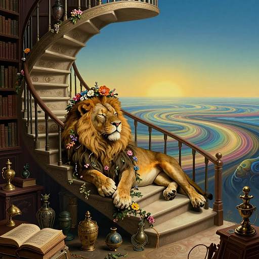 Fantastical digital artwork: regal lion with floral crown lounges on spiral staircase, surrounded by books, vases, and colorful cosmic waves.