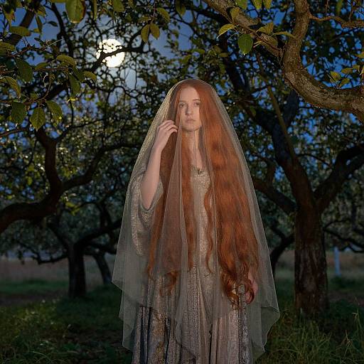 Photograph of a fair-skinned woman with long red hair, wearing a sheer veil and silver dress, standing in a moonlit orchard.