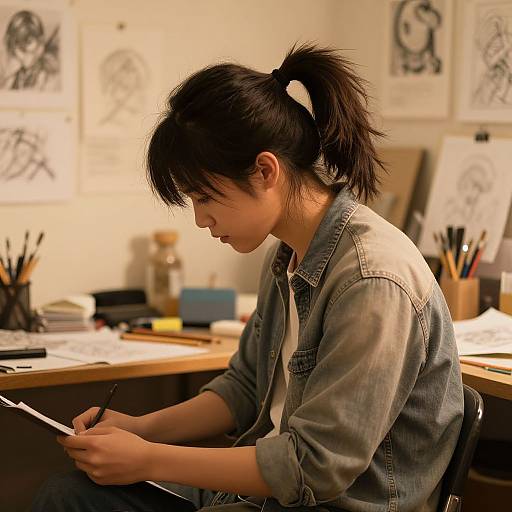 Photograph of an Asian woman with black hair in a ponytail, wearing a denim jacket, focused on a tablet in a cluttered art studio with