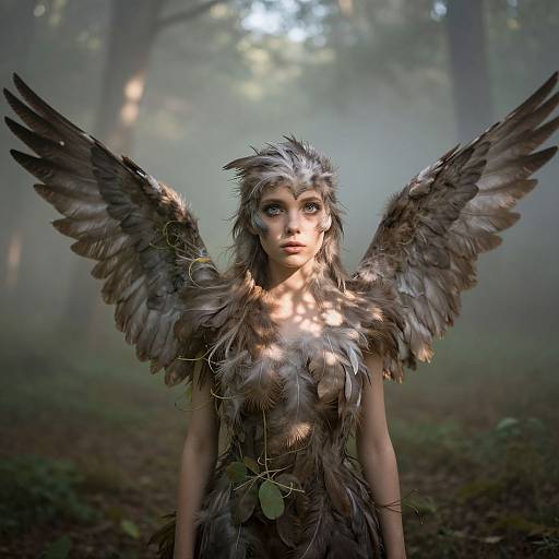 Photorealistic digital art: Young woman with grey feathers, large wings, and wild hair stands in misty forest, sunlight filtering through trees.