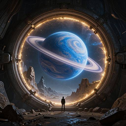 Photorealistic digital art of a lone astronaut gazing through a glowing, circular space portal at a massive, blue planet with rings and rocky mountains in