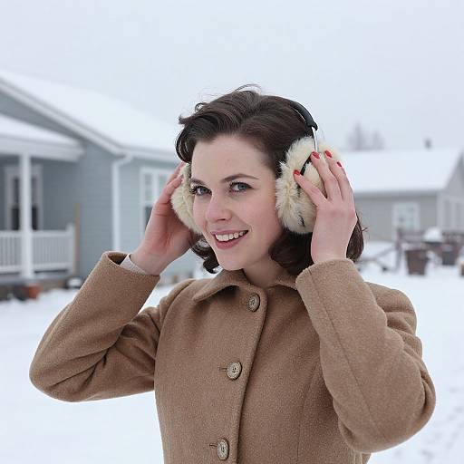 Photograph of a smiling woman with fair skin and dark brown hair, wearing a brown wool coat and fur-lined white earmuffs, standing in a snowy