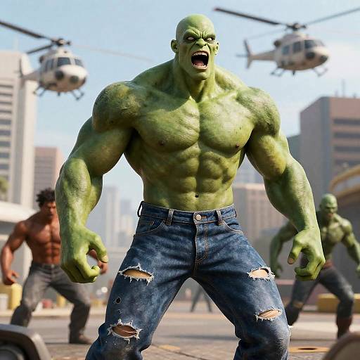 Muscular Green Giant in Urban Battle Scene
