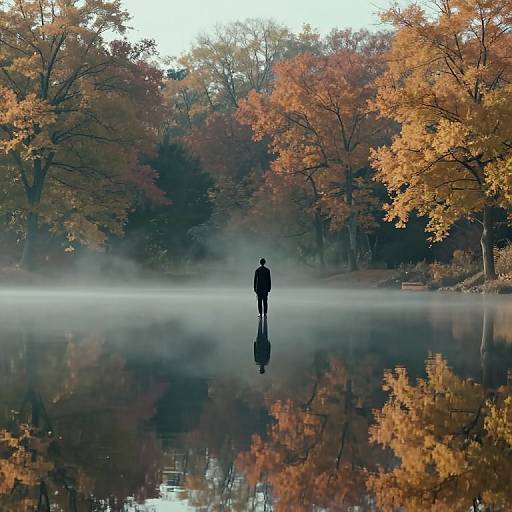 Photograph of a solitary figure in dark clothing standing on a foggy lake, reflecting autumn trees with orange and brown leaves.