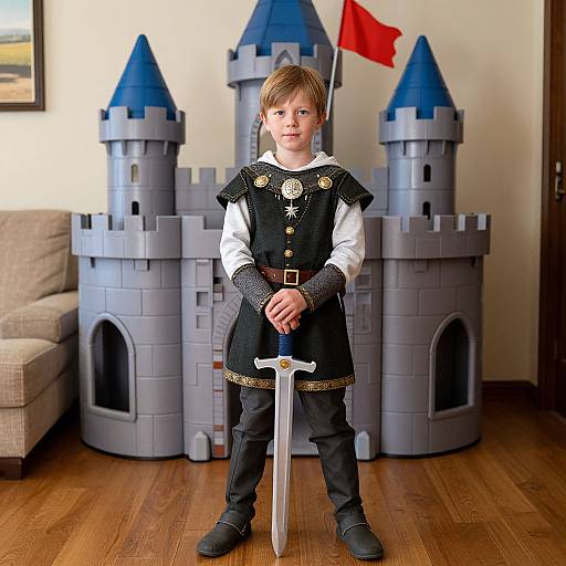 Photograph of a young boy in medieval attire, holding a sword, standing in front of a gray plastic castle with a red flag. Living room background