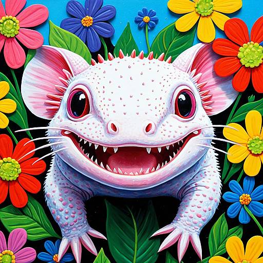 Pop Art Axolotl with Colorful Flowers