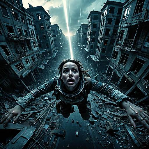 Photorealistic CGI: Young woman with brown hair and determined expression, flying through a devastated, ruined city street, arms outstretched, under a