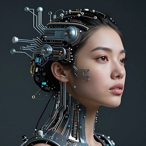 Digital art of an Asian woman with cybernetic circuits integrated into her head and neck, gazing forward against a dark background.