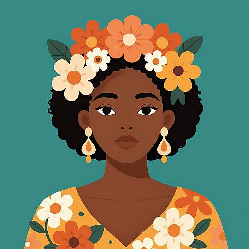 Digital illustration of a dark-skinned woman with curly black hair, adorned with orange and white flowers, wearing matching floral dress and teardrop earrings,