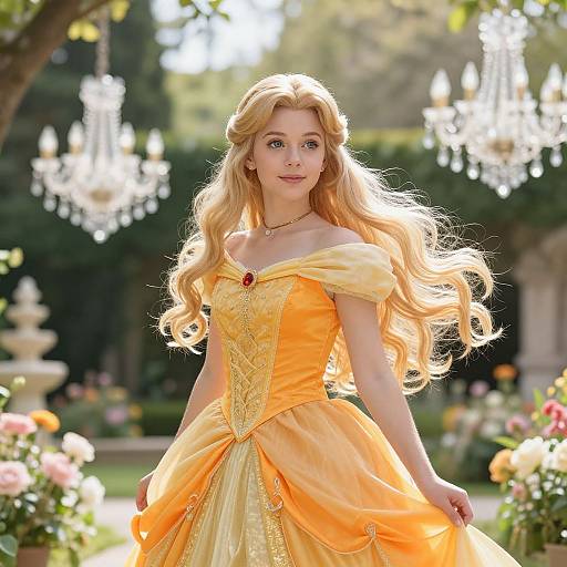 Photograph of a beautiful young blonde woman with wavy hair, wearing an ornate, off-shoulder, yellow ball gown with red gem,