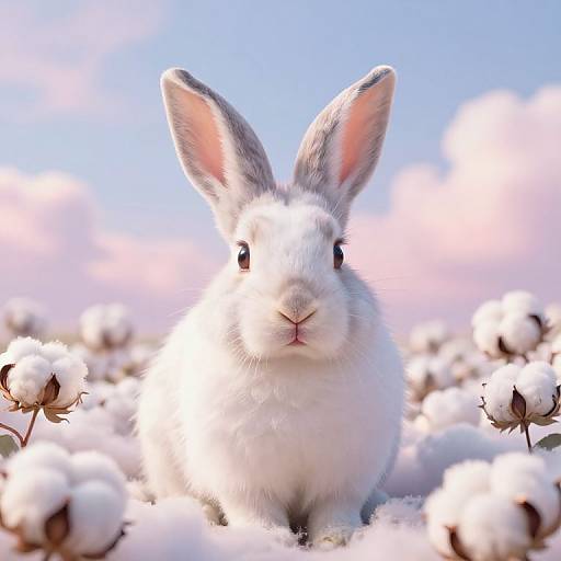 Photograph of a white rabbit with pink-tinted ears standing in a bright blue sky, surrounded by fluffy white cotton fields.
