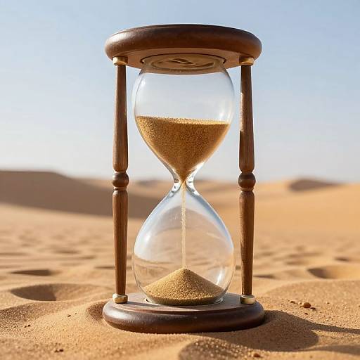 Photograph of a wooden hourglass with golden sand, standing on a sunlit desert, casting shadows on the sandy ground.