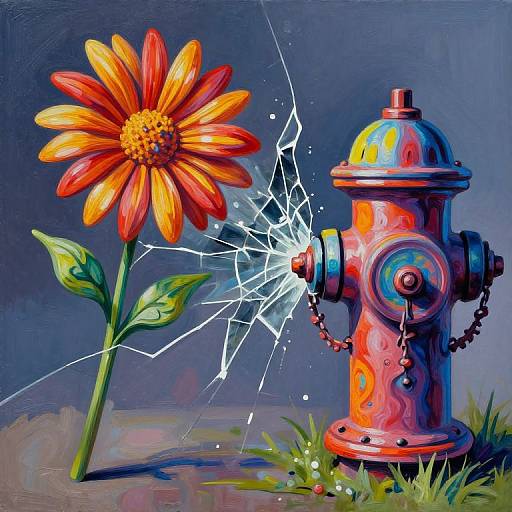 Digital painting of a vibrant red fire hydrant with shattered glass, next to a bright orange and yellow daisy, on a grassy surface with a