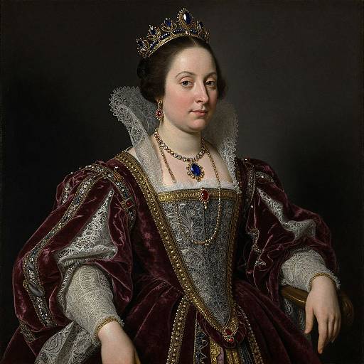 Portrait of a regal woman in an elaborate, embroidered maroon gown with silver lace, wearing a jeweled crown and necklace, against a dark background