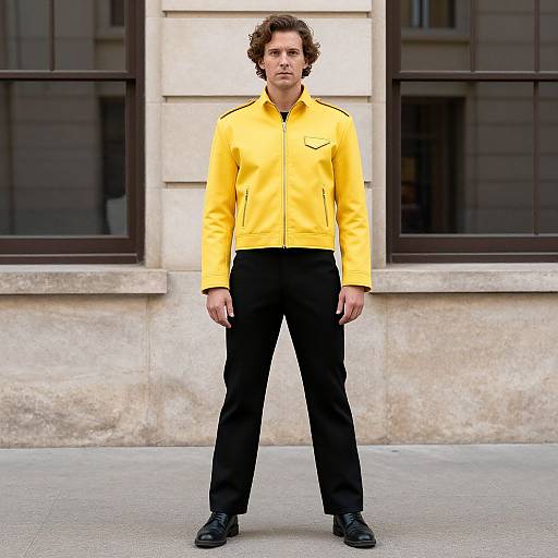 Photograph of a young man with curly brown hair, wearing a bright yellow jacket, black pants, and black shoes, standing confidently in front of a