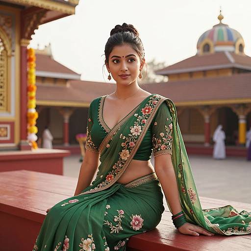 Photograph of a beautiful Indian woman with dark hair in an updo, wearing a green floral saree, sitting on a red bench in a temple