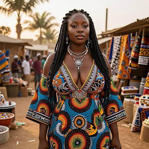 Photograph of a confident black woman with long braids, wearing a vibrant, patterned dress with deep neckline, adorned with jewelry, standing in a