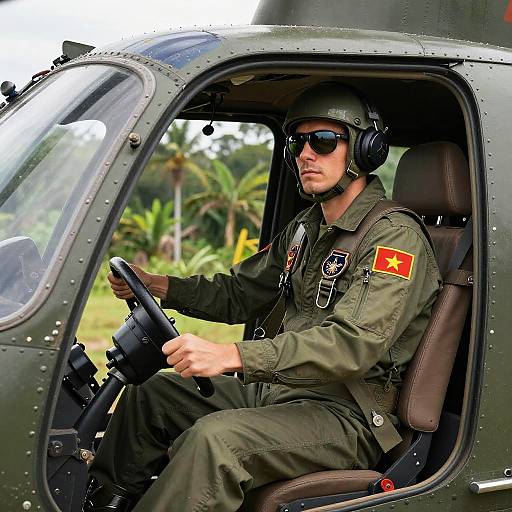 Photograph of a serious male pilot in green military attire, wearing headphones and sunglasses, seated in a helicopter cockpit. Background: lush greenery with palm