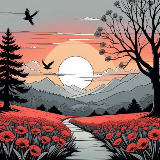 Sunset Over Poppy Field and Mountains