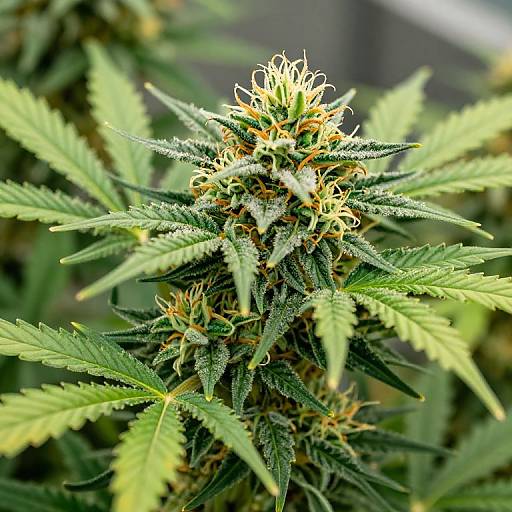 Close-up photograph of a vibrant green cannabis plant with serrated leaves, yellow-tipped buds, and a textured, spiky central cluster. Background is