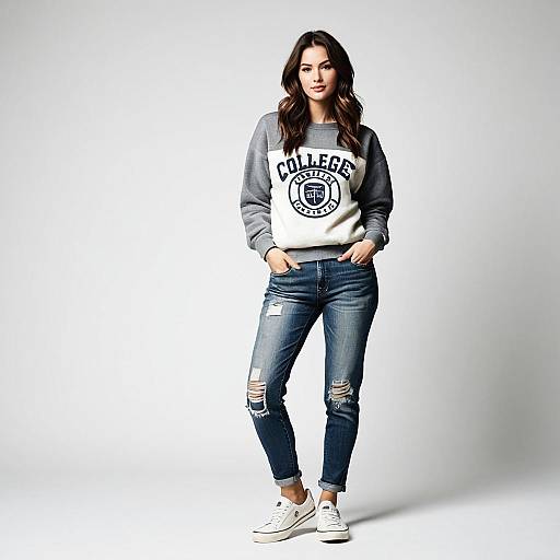 Woman in Vintage College Sweatshirt and Distressed Jeans