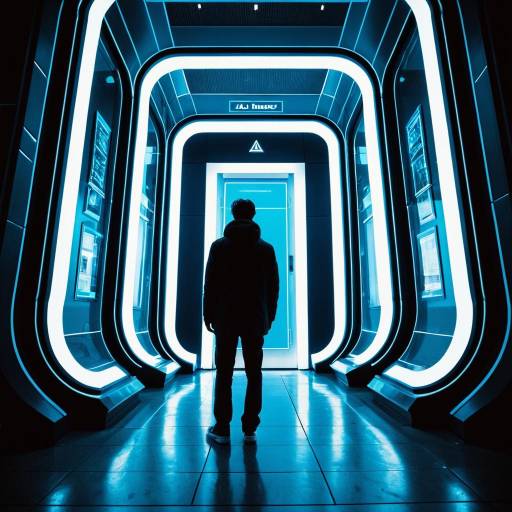Futuristic Traveler in Neon-Lit Passageway