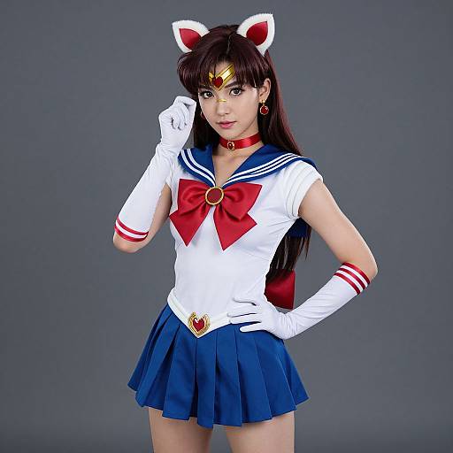 Digital artwork of a young woman in a Sailor Moon cosplay, wearing a white and blue sailor uniform with red bow, white gloves, cat ear headband
