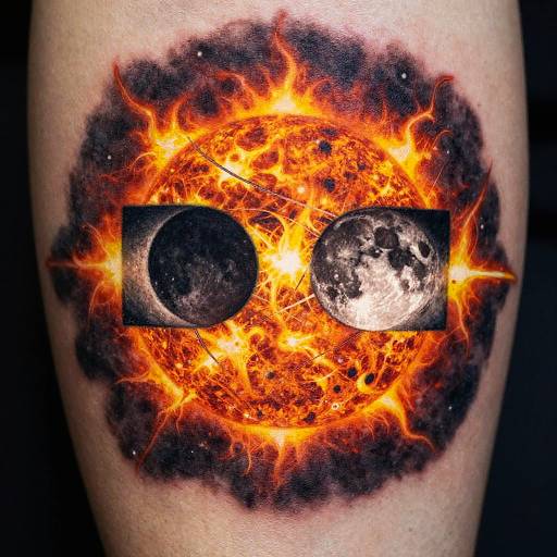 Photograph of a tattoo featuring two black moon shapes on a fiery, orange-yellow sun with black smoky edges on human skin.
