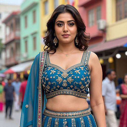 Photograph of an Indian woman with medium skin tone, dark wavy hair, wearing a blue, gold-embroidered crop top and matching skirt
